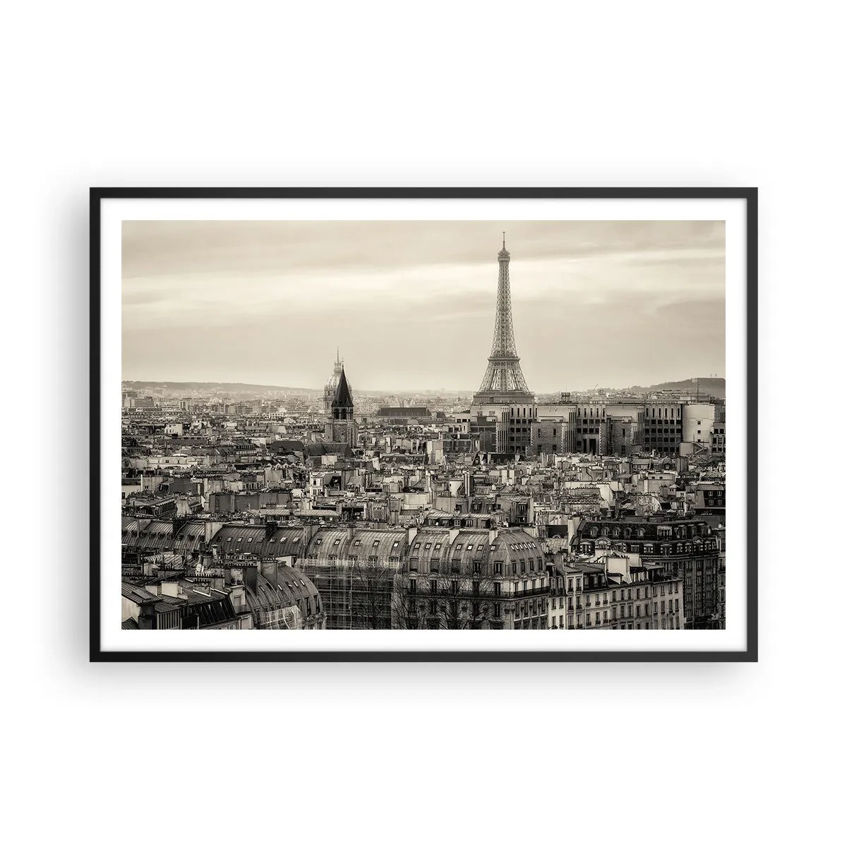 Póster en marco negro - Panorama de París con la Torre Eiffel en tonos sepia - 100x70cm - Sobre los tejados de París - Decoración de pared moderna para salón y dormitorio ARTTOR