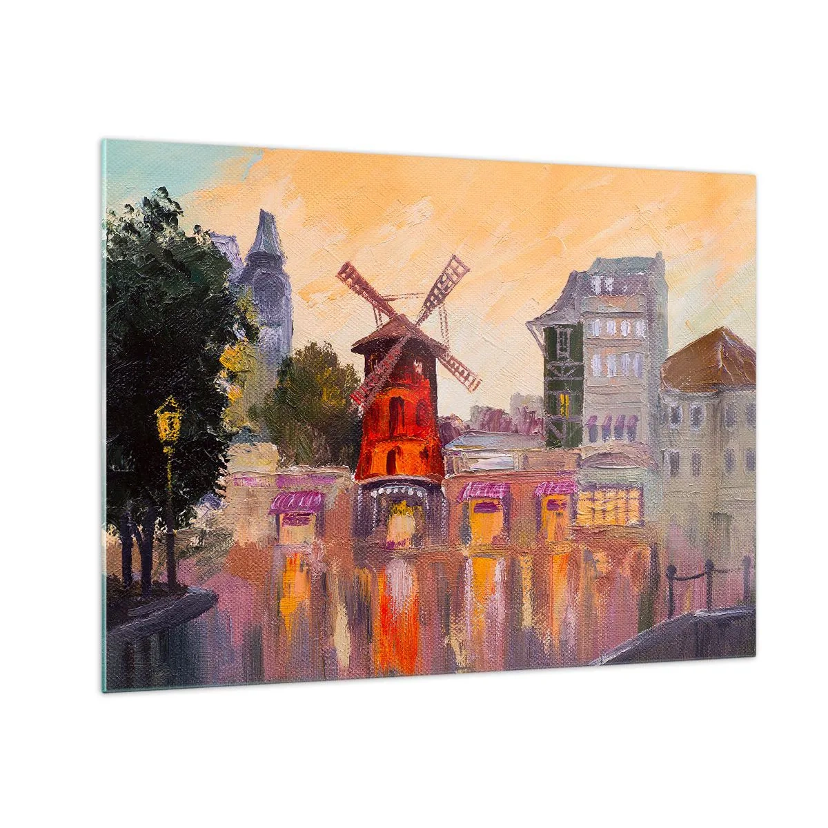 Cuadro sobre vidrio - Impresiones sobre Vidrio - El molino rojo del Moulin Rouge entre las casas de vecindad parisinas - 70x50cm - Iconos parisinos - Moulin Rouge - Decoración de pared moderna para salón y dormitorio ARTTOR