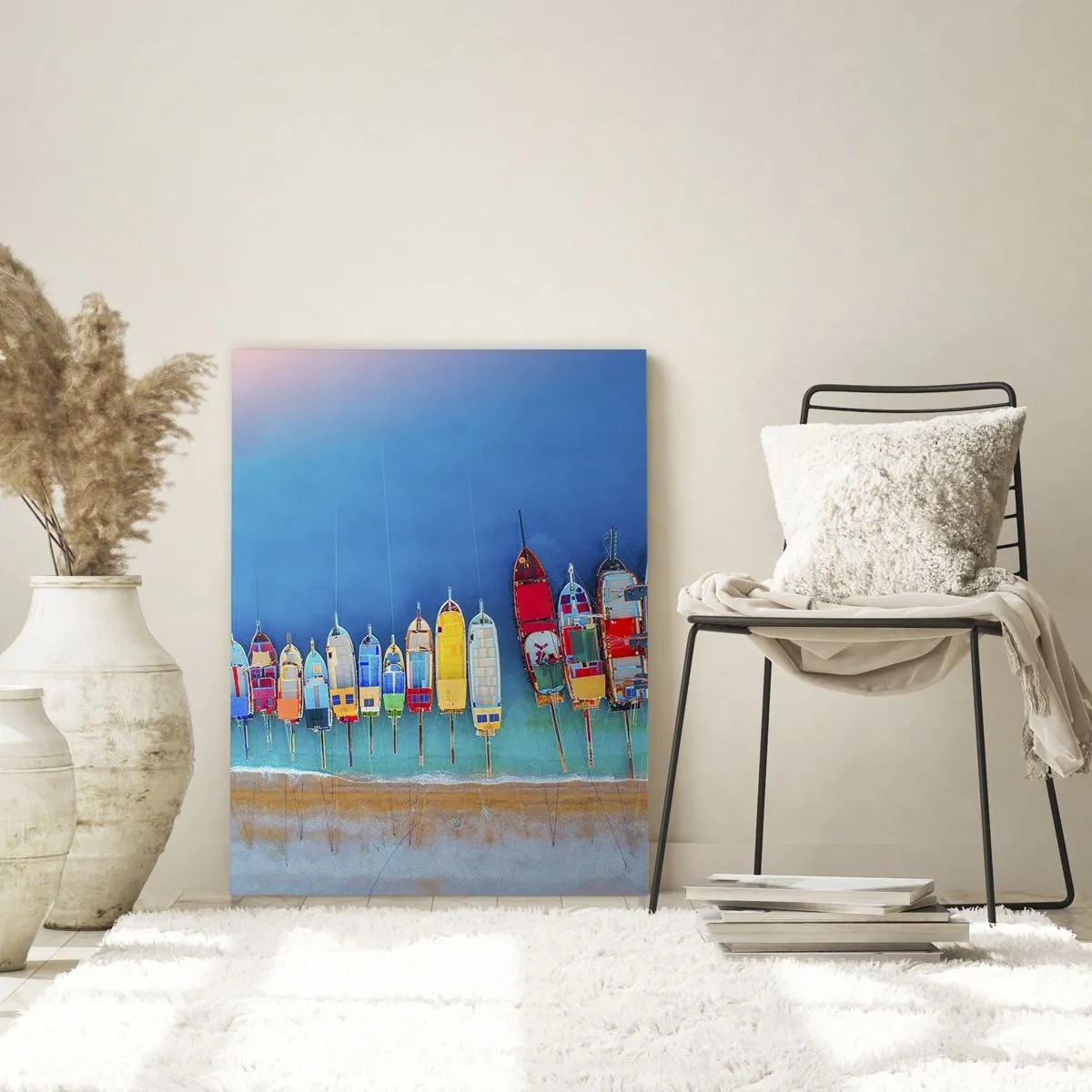 Cuadro sobre vidrio - Impresiones sobre Vidrio - Barcos coloridos alineados en fila en la orilla - 80x120cm - A vista de pájaro - Decoración de pared moderna para salón y dormitorio ARTTOR