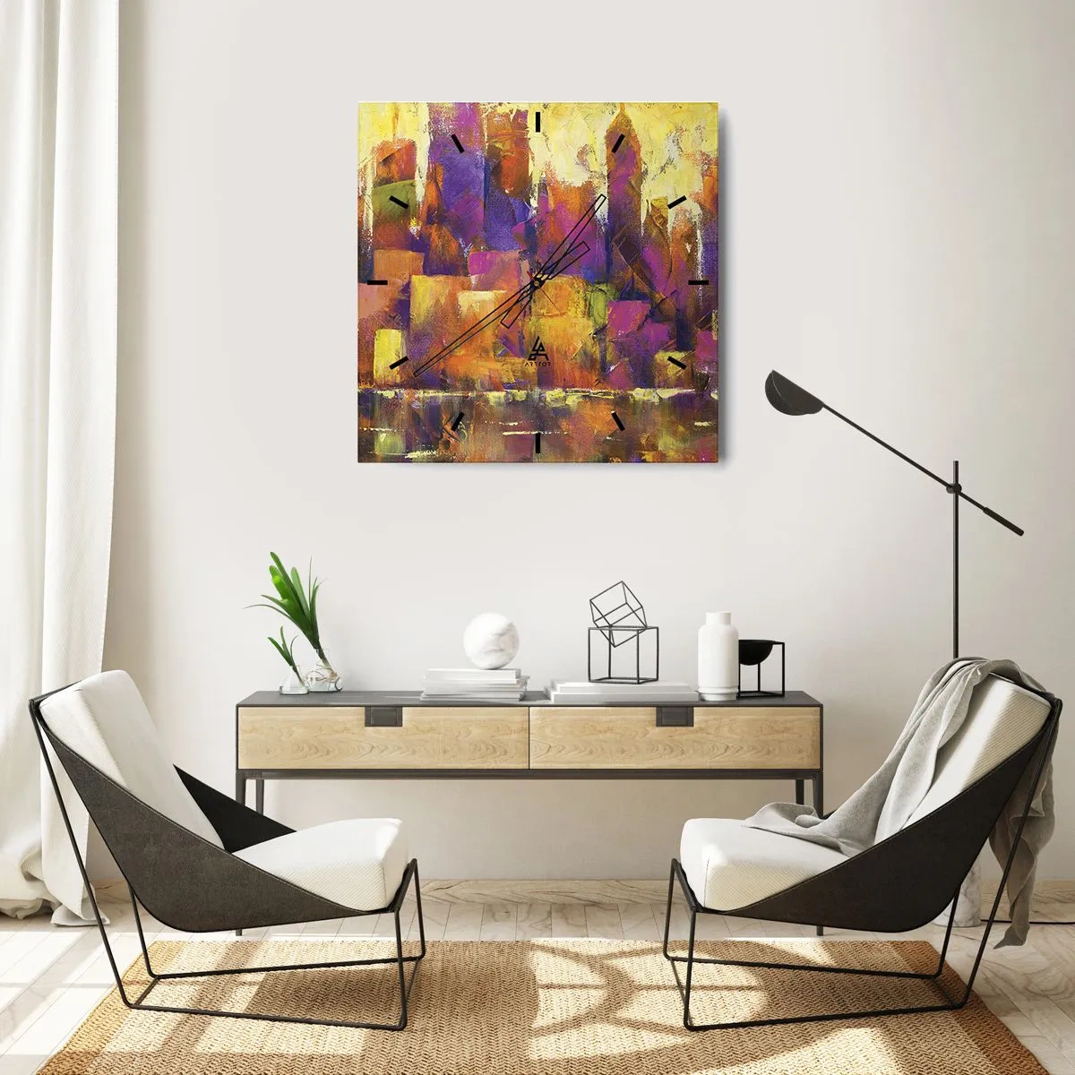 Reloj de pared - Reloj de vidrio - Composición abstracta de una metrópolis en tonos amarillos y morados. - 30x30cm - Composición metropolitana - Decoración de pared moderna para salón y dormitorio ARTTOR