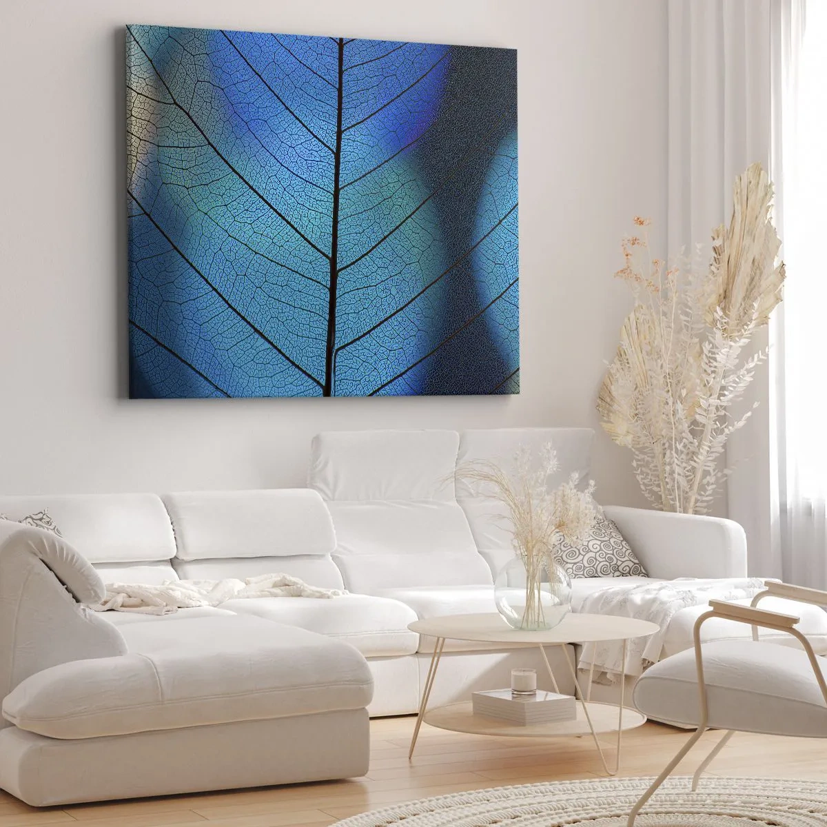 Cuadro sobre lienzo - Impresión de Imagen - Primer plano de una hoja azul con detalle de vena visible - 70x50cm - Construcción intrincada - Decoración de pared moderna para salón y dormitorio ARTTOR