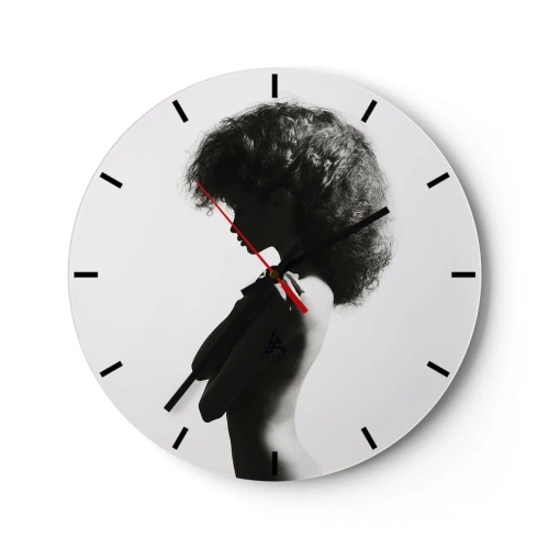 Reloj de pared - Reloj de vidrio - Retrato en blanco y negro de una mujer de medio perfil con un peinado dinámico. - 30x30cm - Como una flor en un tallo delgado - Decoración de pared moderna para salón, cocina y dormitorio ARTTOR