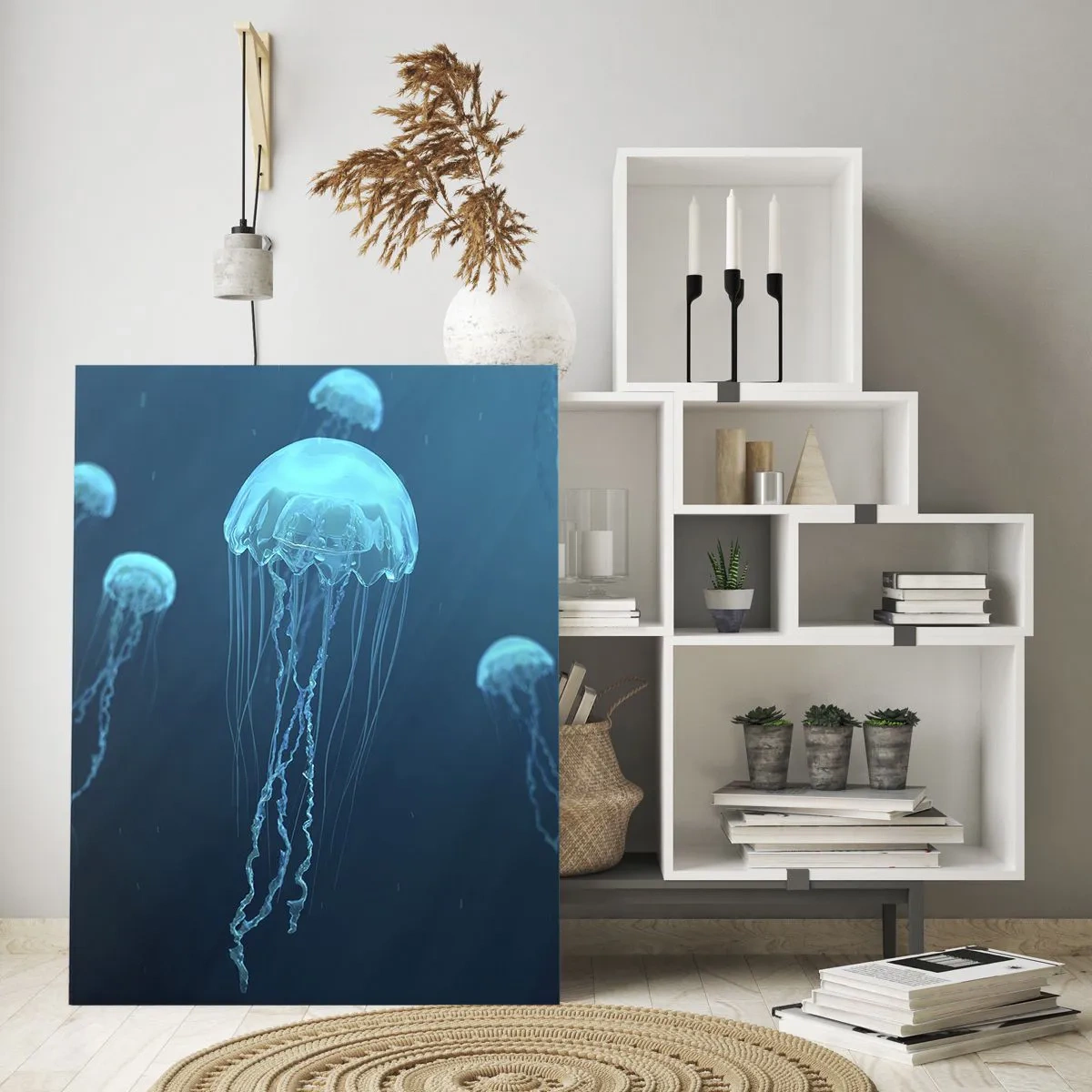 Cuadro sobre vidrio - Impresiones sobre Vidrio - Medusas flotando en las profundidades del océano en tonos azules. - 70x100cm - Danza oceánica - Decoración de pared moderna para salón y dormitorio ARTTOR