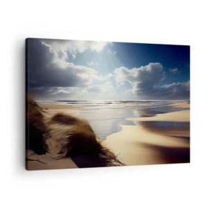 Cuadro sobre lienzo - Impresión de Imagen - Una playa salvaje con dunas y cielos azules. - 70x50cm - Playa, playa salvaje - Decoración de pared moderna para salón y dormitorio ARTTOR