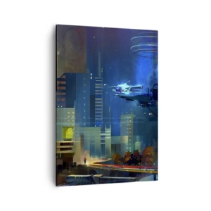 Cuadro sobre lienzo - Impresión de Imagen - Ciudad futurista de noche con luces de neón y un vehículo volador. - 50x70cm - En un futuro próximo - Decoración de pared moderna para salón y dormitorio ARTTOR