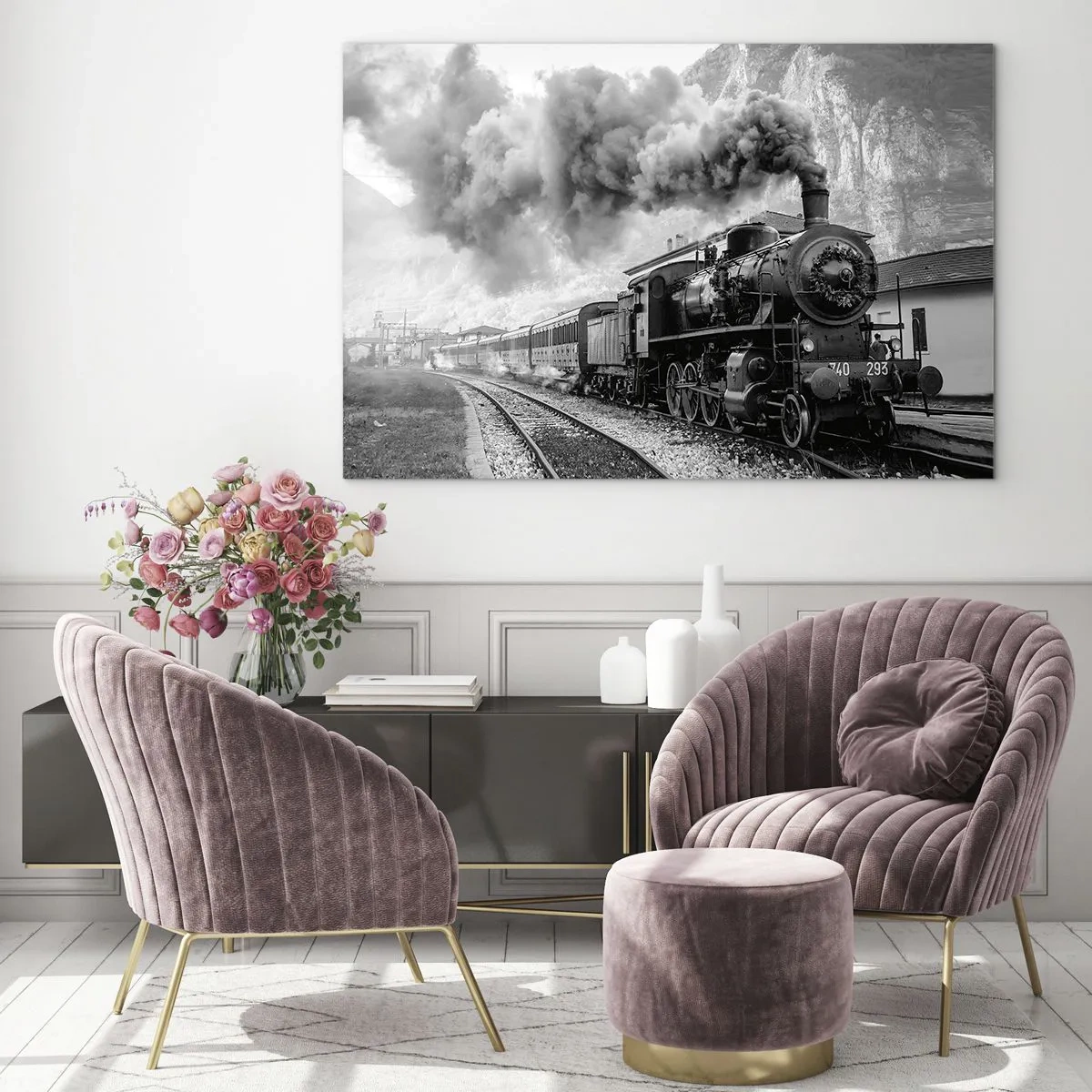 Cuadro sobre vidrio - Impresiones sobre Vidrio - Un antiguo tren de vapor en un paisaje montañoso. - 100x70cm - Rumbo a la estación... - Decoración de pared moderna para salón y dormitorio ARTTOR