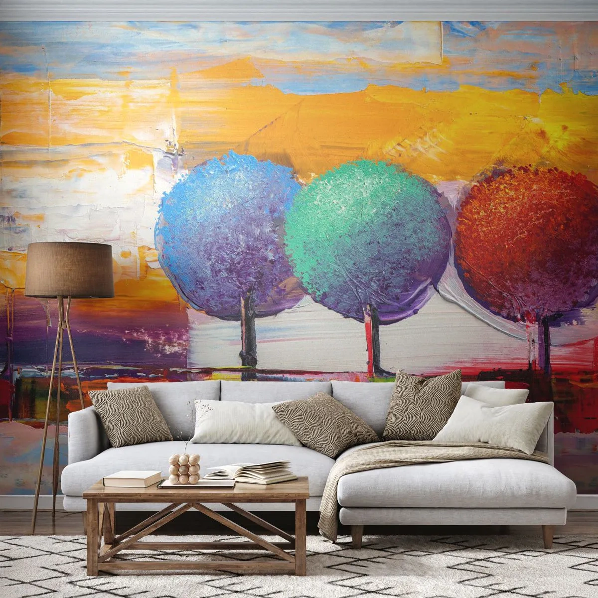 Fotomural Standard Eco - Tres árboles coloridos - Paisaje, Árboles, Pedazo - 150x105 cm