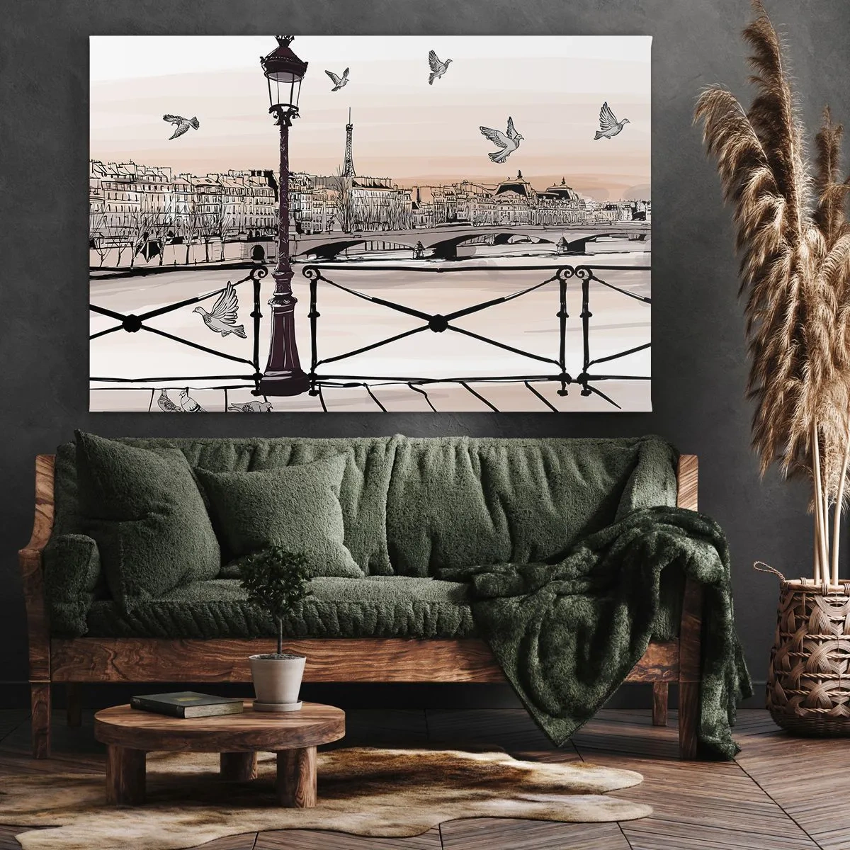 Cuadro sobre lienzo - Impresión de Imagen - Vista parisina con una linterna y un puente. - 70x50cm - Sobre los tejados de París - Decoración de pared moderna para salón y dormitorio ARTTOR