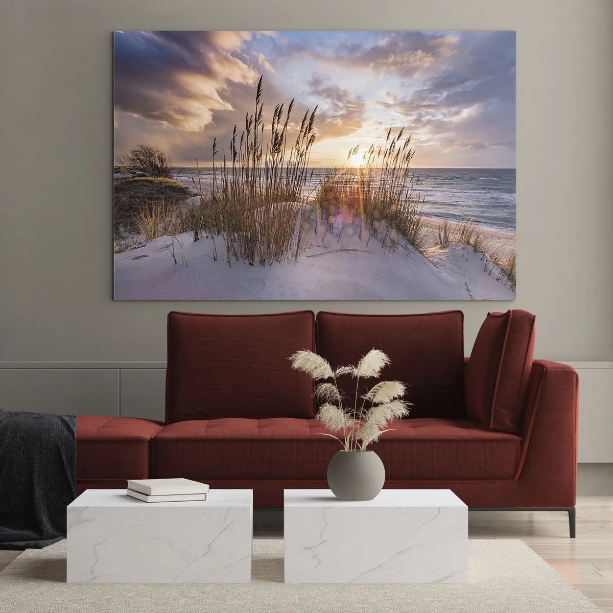 Cuadro sobre vidrio - Impresiones sobre Vidrio - Puesta de sol sobre el mar vista a través de los pastos costeros - 100x70cm - Adiós al sol y al viento - Decoración de pared moderna para salón y dormitorio ARTTOR