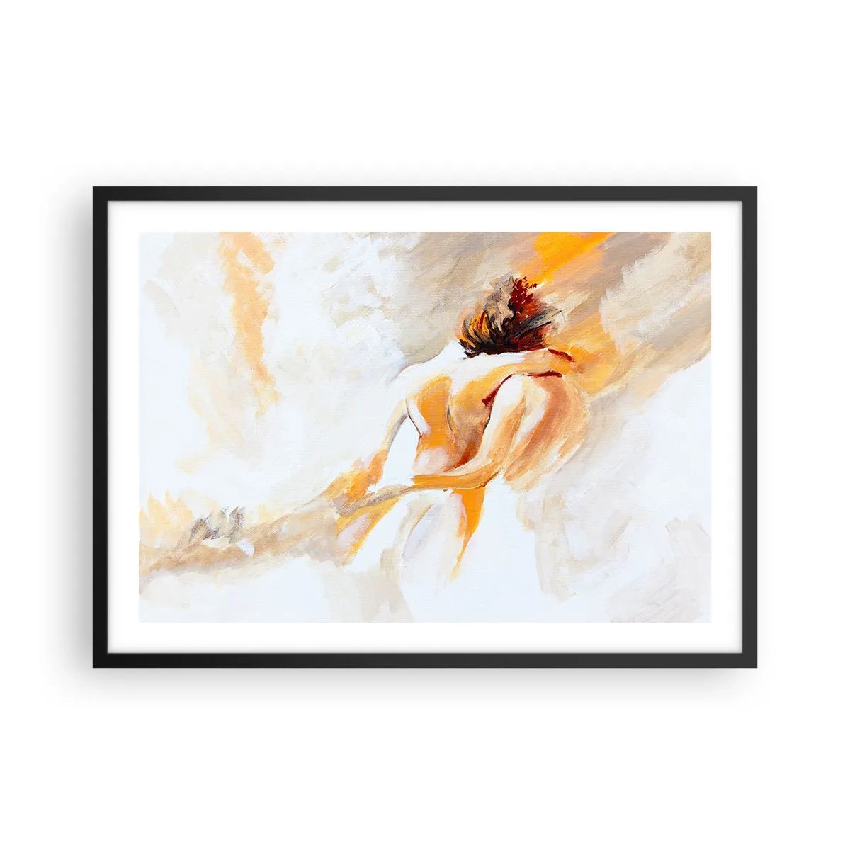 Póster en marco negro - Escena abstracta de un abrazo romántico. - 70x50cm - En un cielo de cercanía - Decoración de pared moderna para salón y dormitorio ARTTOR