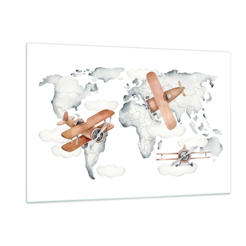 Cuadro sobre vidrio - Impresiones sobre Vidrio - Mapa del mundo de aviones retro para niños - 120x80cm - Con espíritu pionero - Decoración de pared moderna para salón y dormitorio ARTTOR