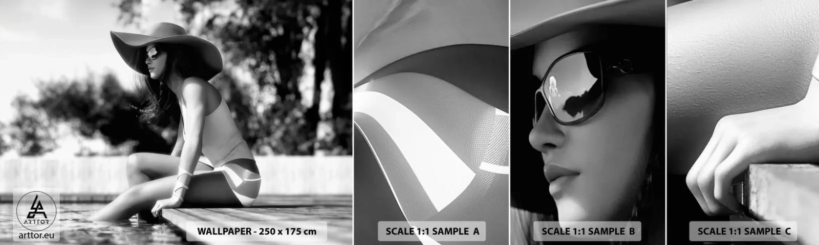 Muestra De Fotomural Standard Eco - Un sueño de verano - Mujer, Sombrero, Piscina - 100x30 cm