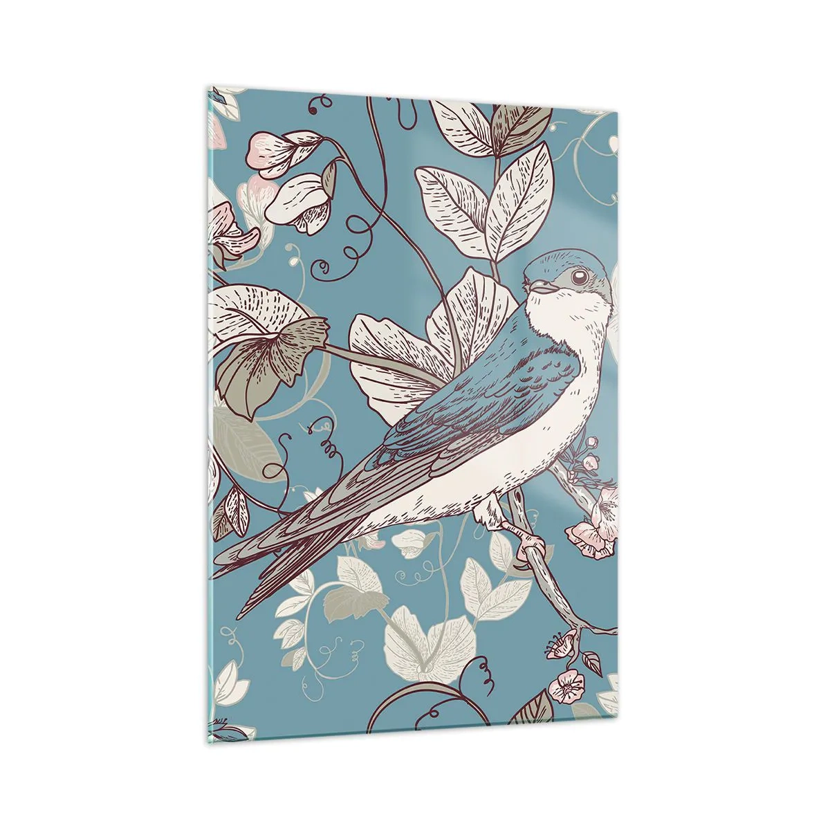 Cuadro sobre vidrio - Impresiones sobre Vidrio - Un pájaro en una rama entre flores sobre un fondo turquesa. - 50x70cm - En el cerezo - Decoración de pared moderna para salón y dormitorio ARTTOR