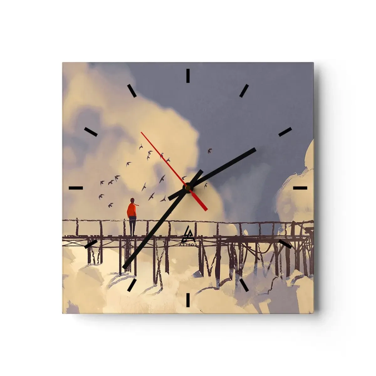 Reloj de pared - Reloj de vidrio - Una figura en un puente entre nubes con pájaros en el cielo. - 30x30cm - Anhelo azul - Decoración de pared moderna para salón y dormitorio ARTTOR