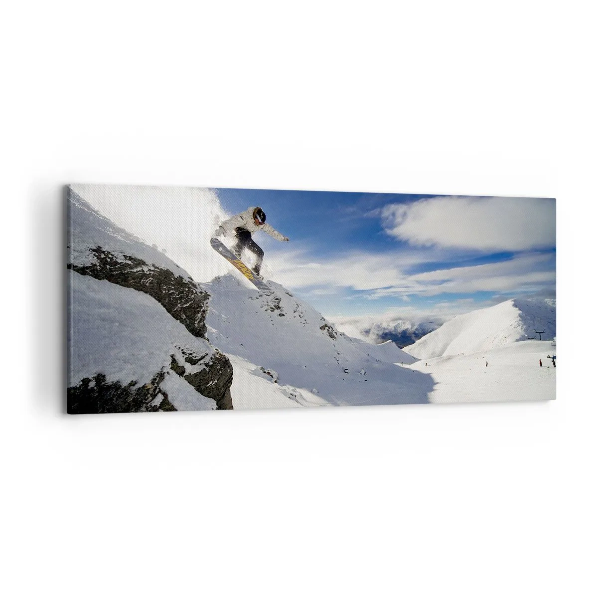 Cuadro sobre lienzo - Impresión de Imagen - Un snowboarder salta desde un acantilado con montañas cubiertas de nieve al fondo. - 120x50cm - Libertad sin fronteras - Decoración de pared moderna para salón y dormitorio ARTTOR