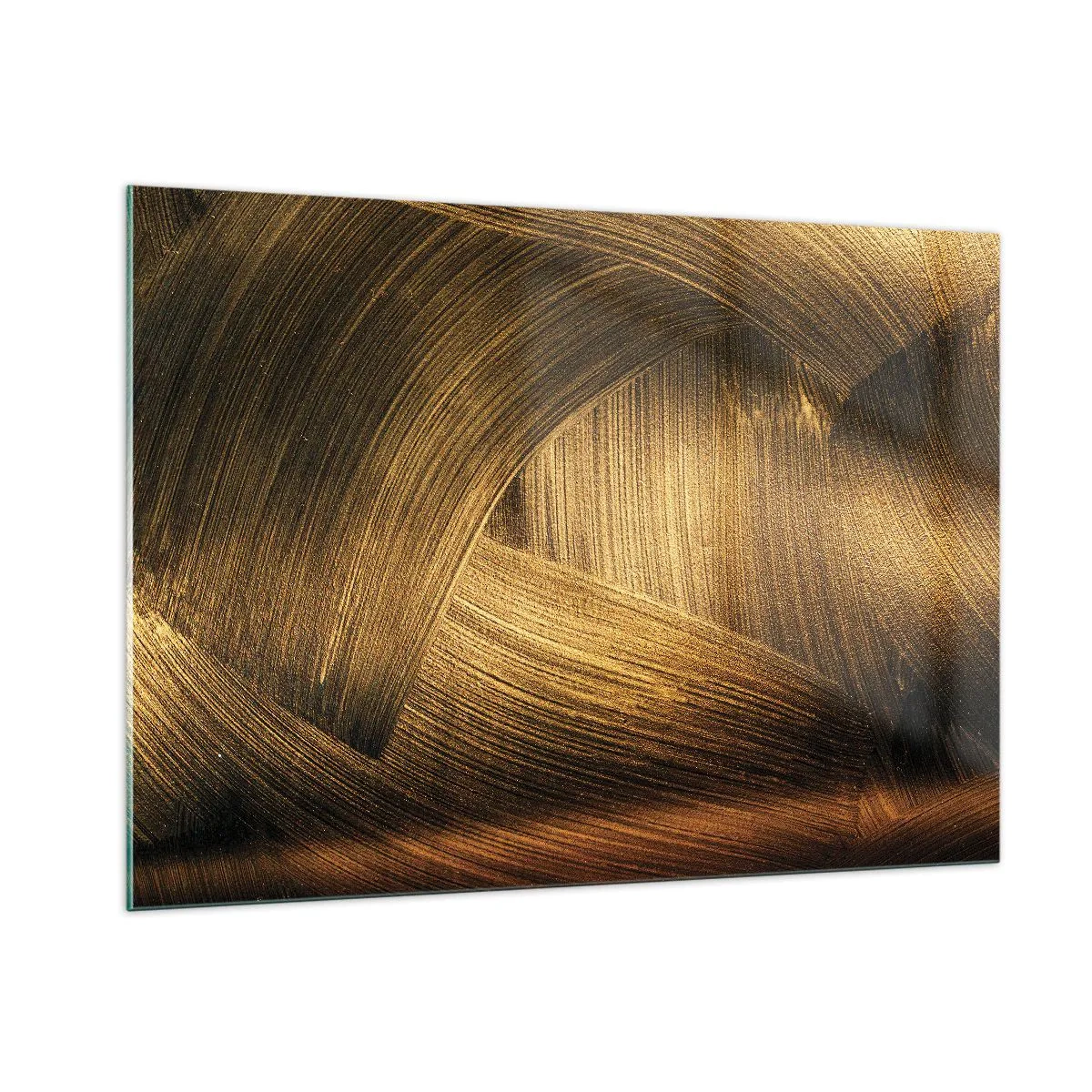 Cuadro sobre vidrio - Impresiones sobre Vidrio - Una pintura abstracta que representa líneas geométricas doradas sobre un fondo. - 100x70cm - En un laberinto de oro - Decoración de pared moderna para salón y dormitorio ARTTOR
