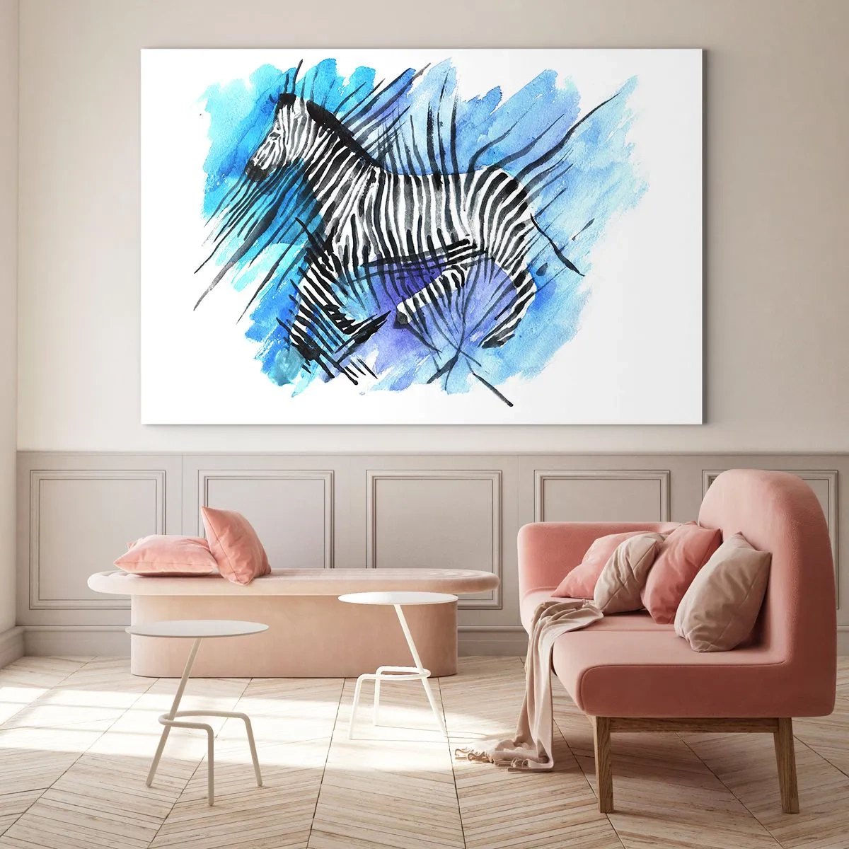 Cuadro sobre vidrio - Impresiones sobre Vidrio - Una cebra en una composición artística de acuarela sobre un fondo azul. - 70x50cm - Oculto en las rayas - Decoración de pared moderna para salón y dormitorio ARTTOR