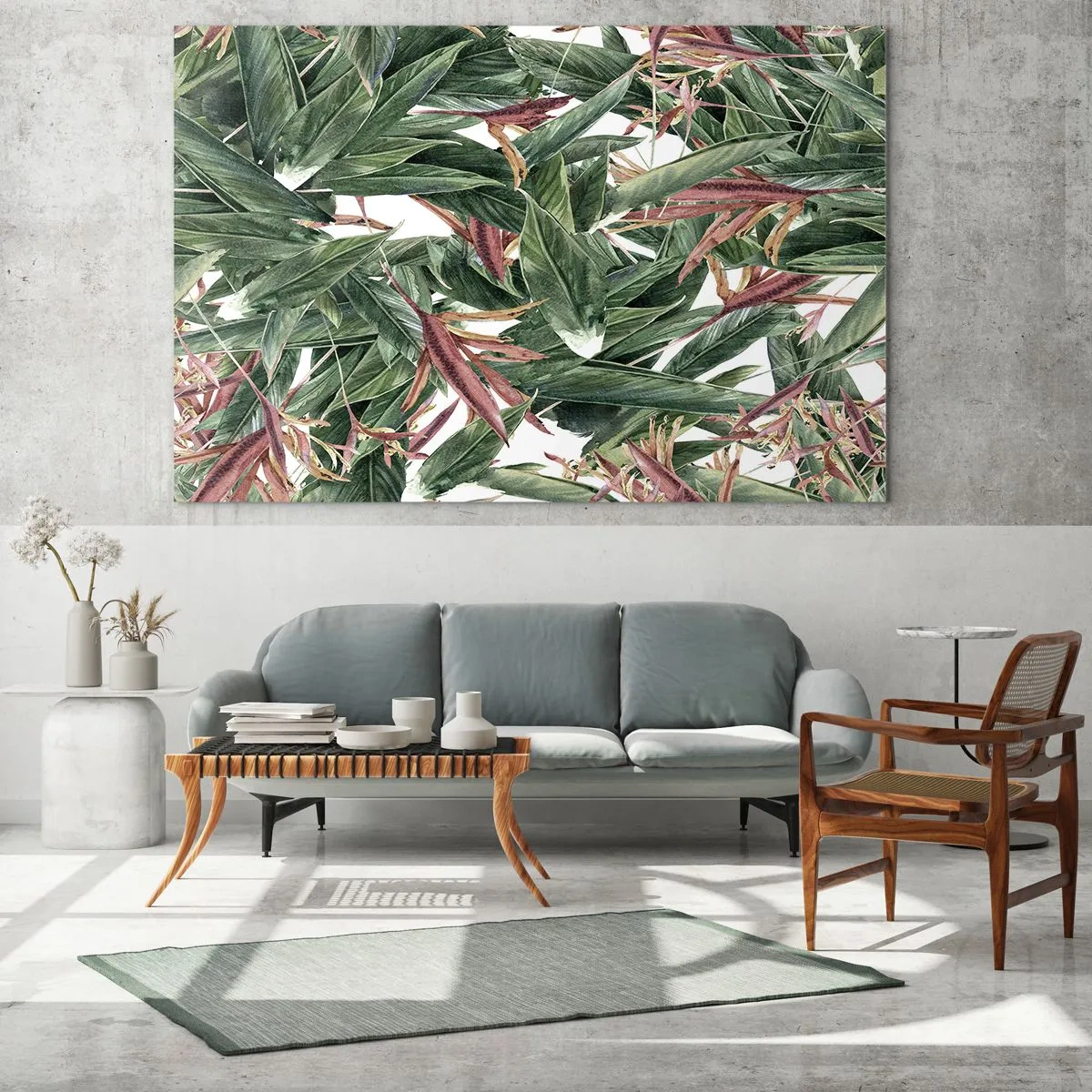 Cuadro sobre vidrio - Impresiones sobre Vidrio - Hojas en tonos verdes y burdeos sobre un fondo claro. - 70x50cm - Naturaleza esmeralda y lila - Decoración de pared moderna para salón y dormitorio ARTTOR