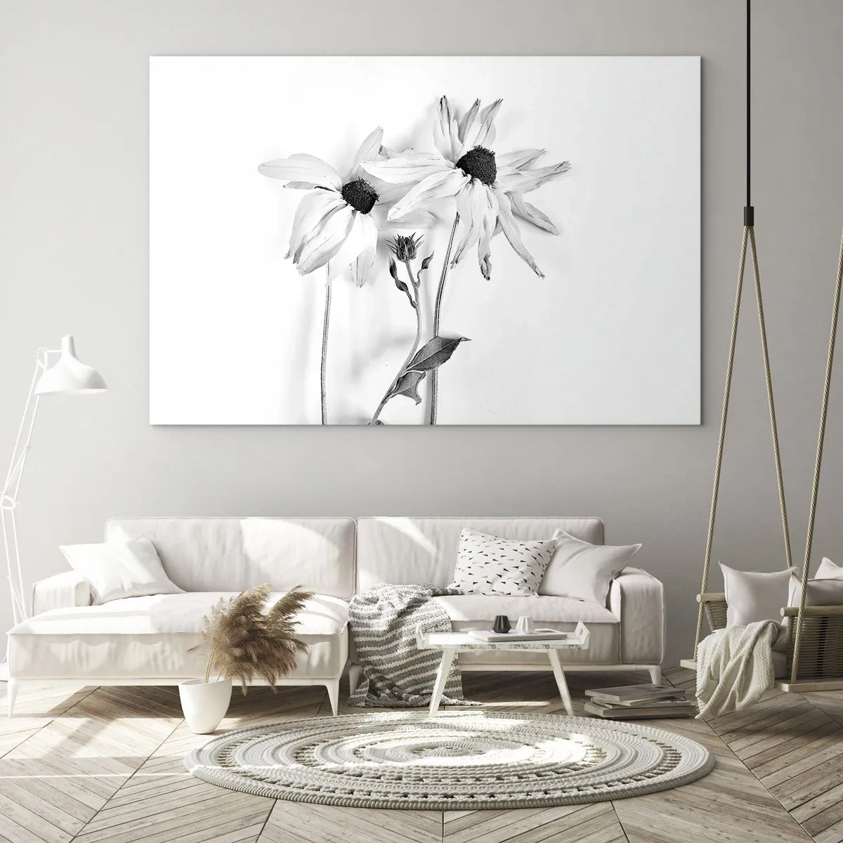 Cuadro sobre vidrio - Impresiones sobre Vidrio - Flores en blanco y negro en estilo minimalista. - 100x70cm - Nadie quiere estar solo - Decoración de pared moderna para salón y dormitorio ARTTOR