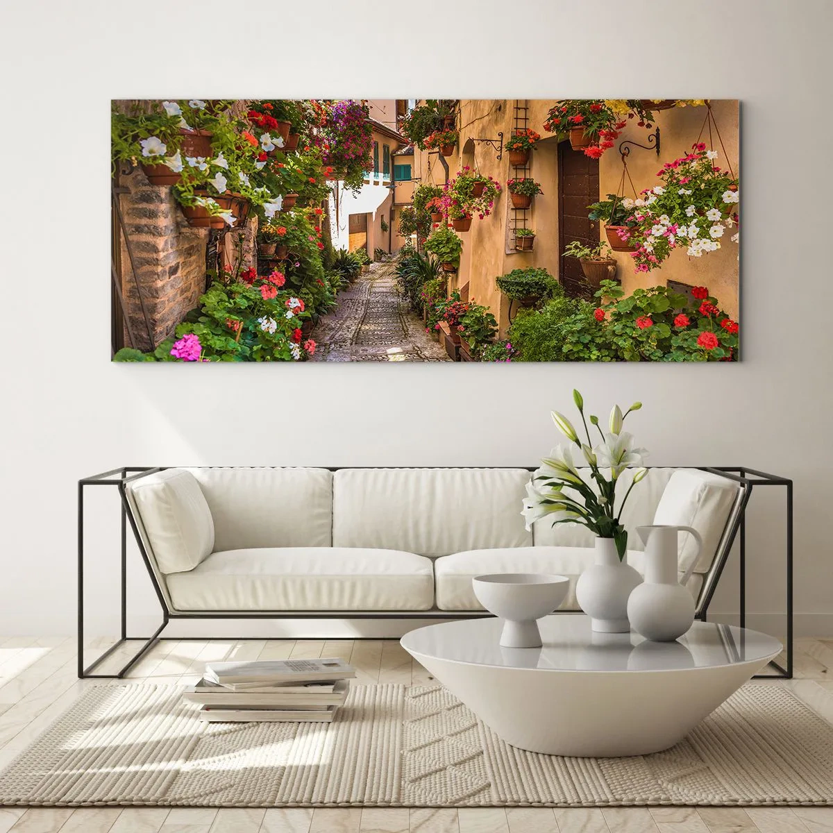 Cuadro sobre vidrio - Impresiones sobre Vidrio - Una calle encantadora llena de flores y macetas. - 160x50cm - Callejón italiano - Decoración de pared moderna para salón y dormitorio ARTTOR