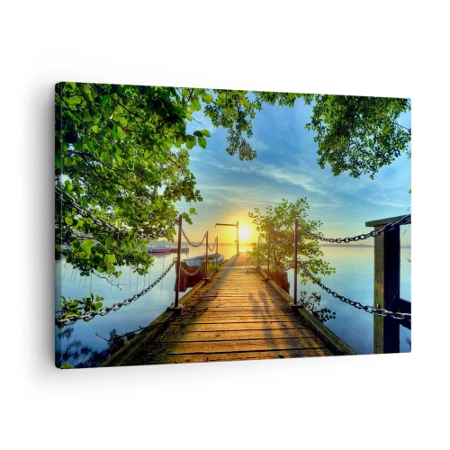 Cuadro sobre lienzo - Impresión de Imagen - Un muelle sobre el lago bajo los rayos del atardecer. - 70x50cm - Atardecer junto al agua - Decoración de pared moderna para salón y dormitorio ARTTOR