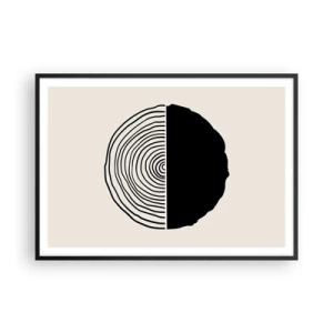 Póster en marco negro - Un motivo abstracto en blanco y negro inspirado en una sección transversal de madera con una división geométrica. - 100x70cm - Mitad y mitad - Decoración de pared moderna para salón y dormitorio ARTTOR