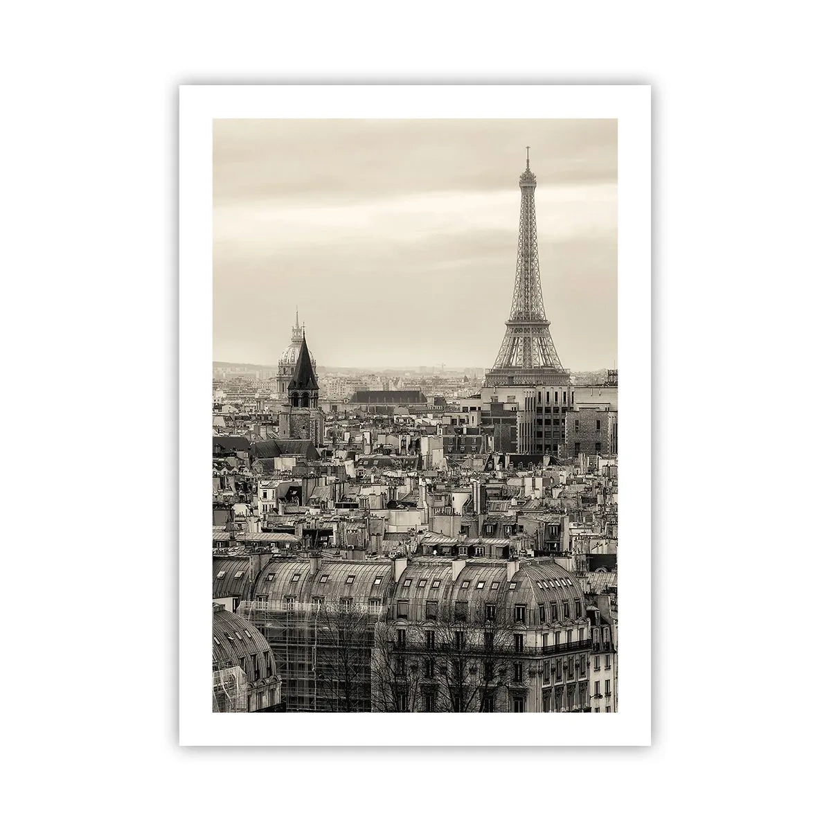 Póster - Panorama de París con la Torre Eiffel en tonos sepia - 50x70cm - Sobre los tejados de París - Decoración de pared moderna para salón y dormitorio ARTTOR