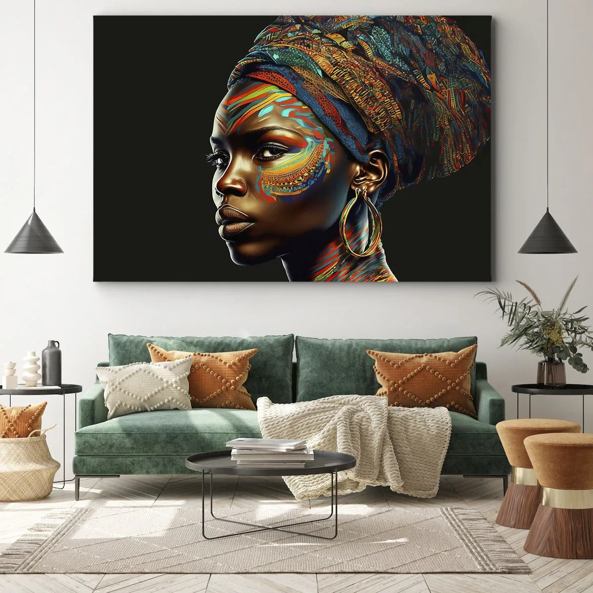 Cuadro sobre lienzo - Impresión de Imagen - Retrato de una mujer con un patrón colorido y un turbante. - 100x70cm - Reina africana - Decoración de pared moderna para salón y dormitorio ARTTOR