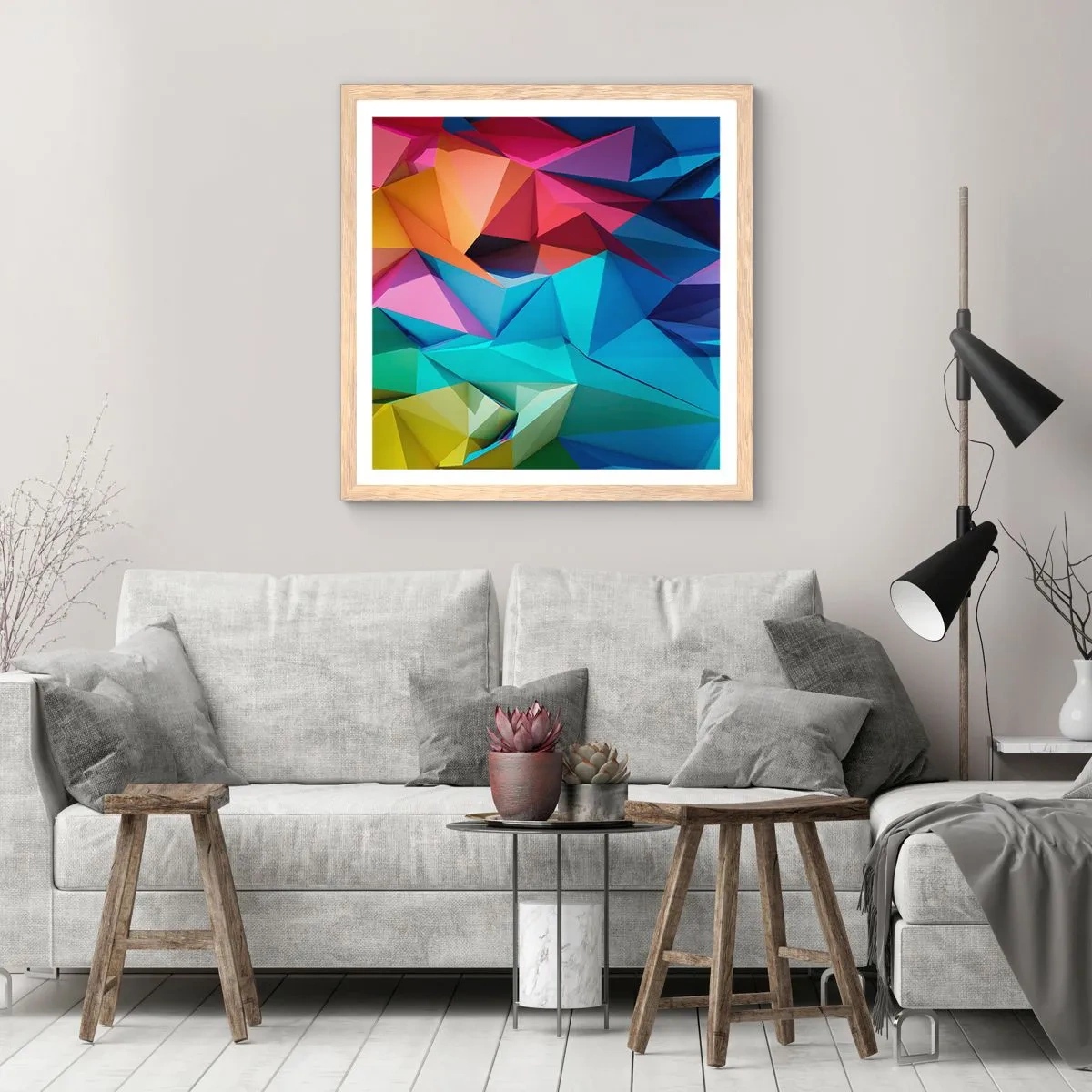 Póster en marco roble claro - Origami arco iris - 50x50 cm