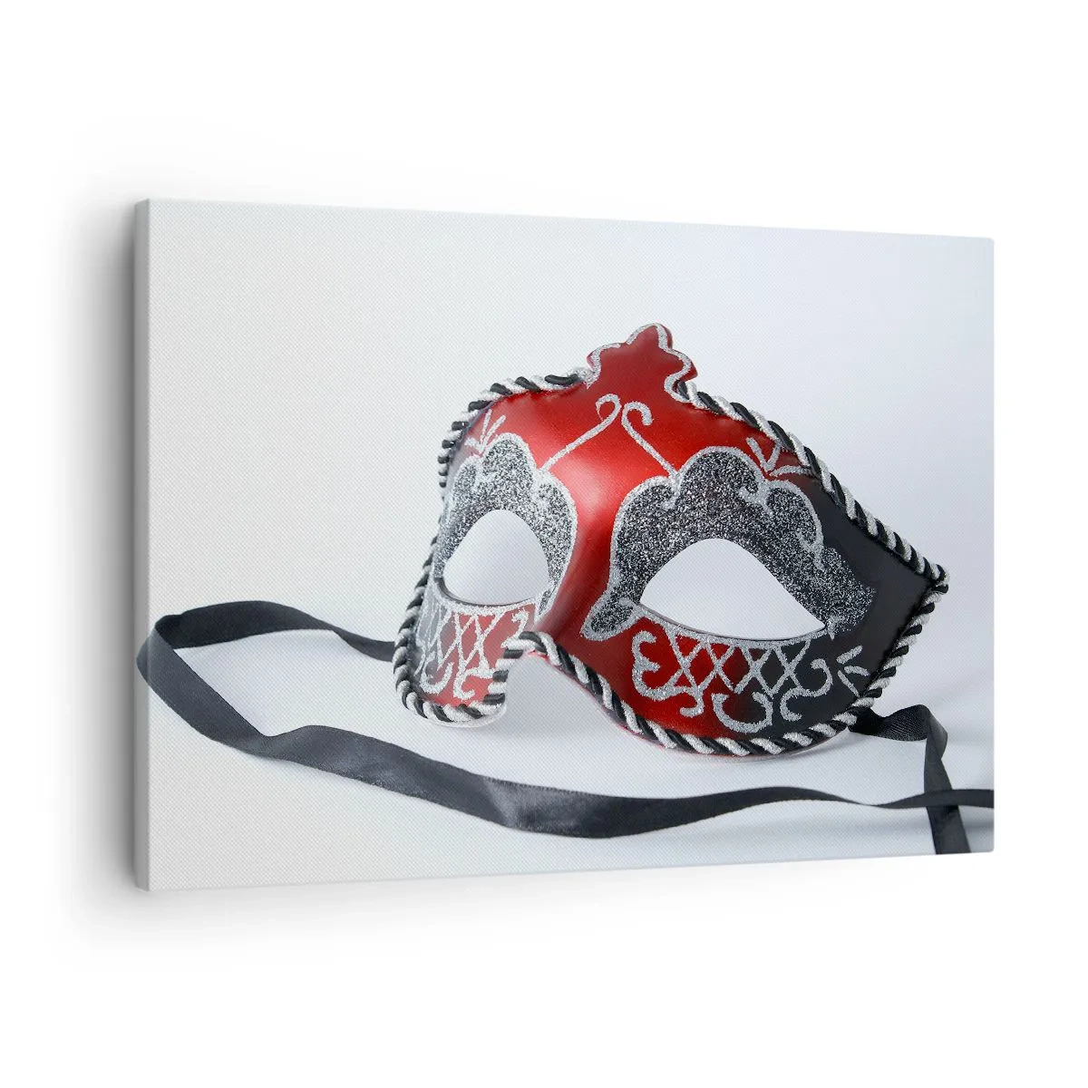 Cuadro sobre lienzo - Impresión de Imagen - Máscara de carnaval roja sobre un fondo claro - 70x50cm - Invitación al baile - Decoración de pared moderna para salón y dormitorio ARTTOR