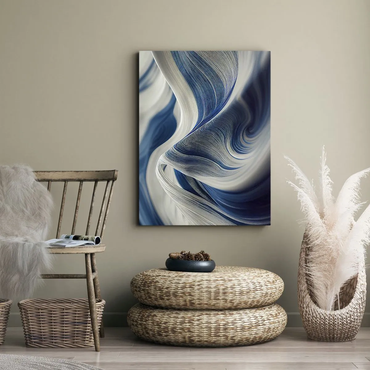 Cuadro sobre lienzo - Impresión de Imagen - Ondas abstractas en tonos azules y blancos - 50x70cm - Fluidez de azul y blanco - Decoración de pared moderna para salón y dormitorio ARTTOR