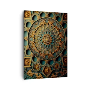 Cuadro sobre lienzo - Impresión de Imagen - Un mandala dorado sobre un fondo turquesa con ricos detalles. - 50x70cm - En un clima árabe - Decoración de pared moderna para salón y dormitorio ARTTOR