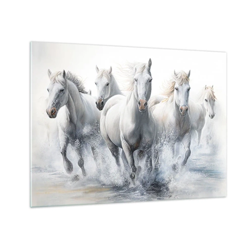 Cuadro sobre vidrio - Impresiones sobre Vidrio - Caballos blancos galopando a través del agua en una composición dinámica - 70x50cm - Magia blanca - Decoración de pared moderna para salón y dormitorio ARTTOR