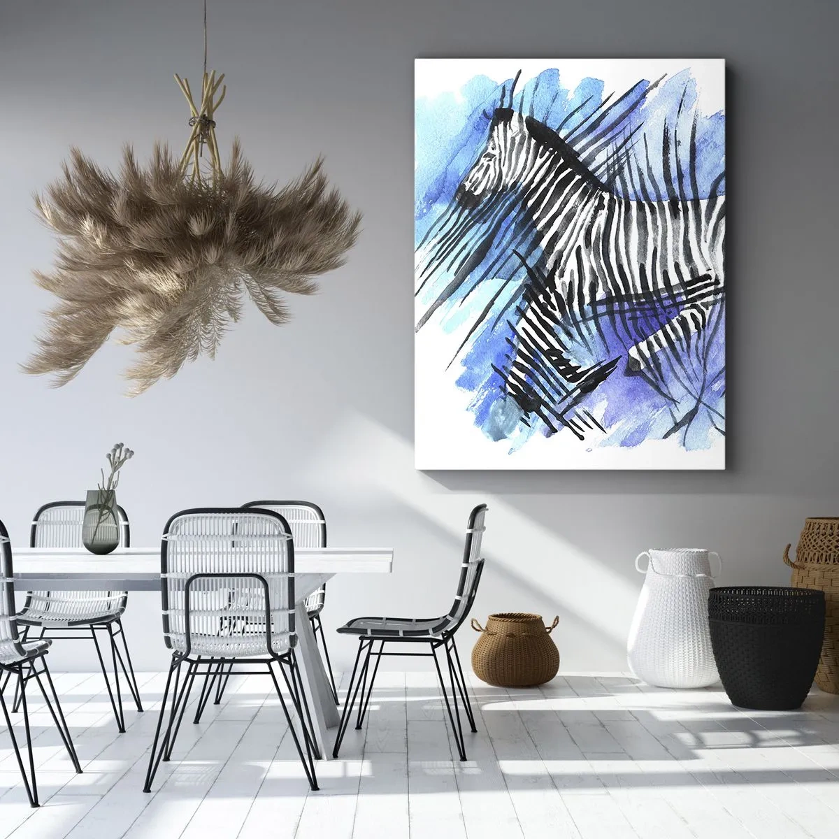 Cuadro sobre lienzo - Impresión de Imagen - Ilustración de acuarela de una cebra contra un cielo azul. - 50x70cm - Oculto en las rayas - Decoración de pared moderna para salón y dormitorio ARTTOR