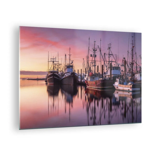 Cuadro sobre vidrio - Impresiones sobre Vidrio - Barcos de pesca al atardecer en un puerto tranquilo - 70x50cm - Descanso antes de partir - Decoración de pared moderna para salón y dormitorio ARTTOR
