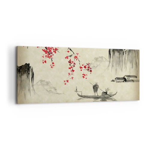 Cuadro sobre lienzo - Impresión de Imagen - Ilustración oriental con un barco y una rama floreciente. - 120x50cm - En el país de los cerezos en flor - Decoración de pared moderna para salón y dormitorio ARTTOR
