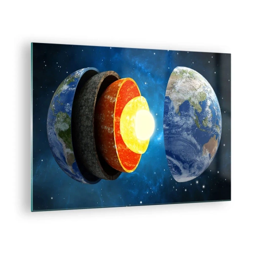 Cuadro sobre vidrio - Impresiones sobre Vidrio - Una sección transversal de la Tierra que muestra sus capas contra el fondo del espacio. - 70x50cm - Una expedición a las entrañas de la Tierra - Decoración de pared moderna para salón y dormitorio ARTTOR