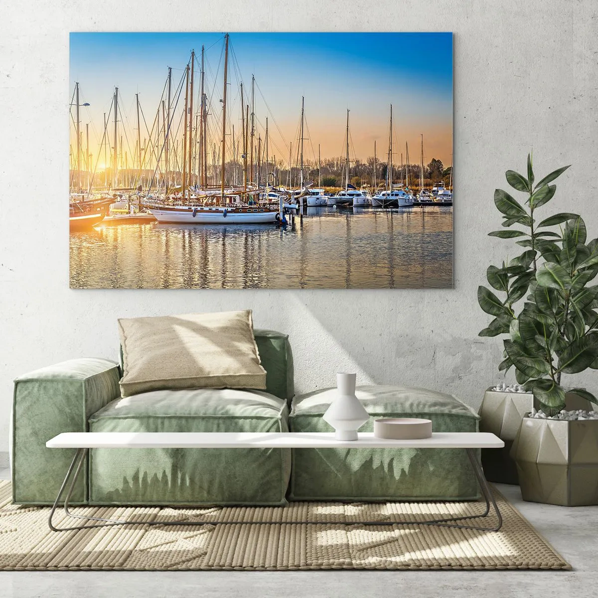 Cuadro sobre vidrio - Impresiones sobre Vidrio - Un puerto deportivo lleno de veleros a la luz del sol poniente - 70x50cm - El viento debe dormir también - Decoración de pared moderna para salón y dormitorio ARTTOR
