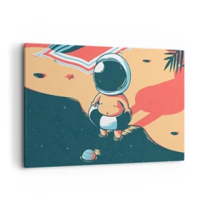 Cuadro sobre lienzo - Impresión de Imagen - Astronauta divertido en la playa con elementos espaciales de fondo. - 120x80cm - Desde una perspectiva diferente - Decoración de pared moderna para salón y dormitorio ARTTOR
