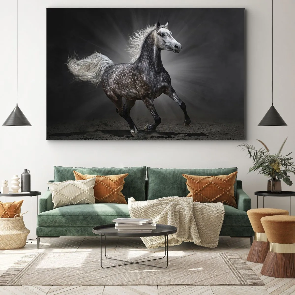 Cuadro sobre lienzo - Impresión de Imagen - Un caballo blanco galopando sobre un fondo oscuro. - 70x50cm - El gris es hermoso - Decoración de pared moderna para salón y dormitorio ARTTOR