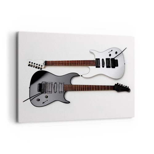 Cuadro sobre lienzo - Impresión de Imagen - Dos guitarras eléctricas en blanco y negro sobre fondo claro. - 120x80cm - Armonía de formas - Decoración de pared moderna para salón y dormitorio ARTTOR