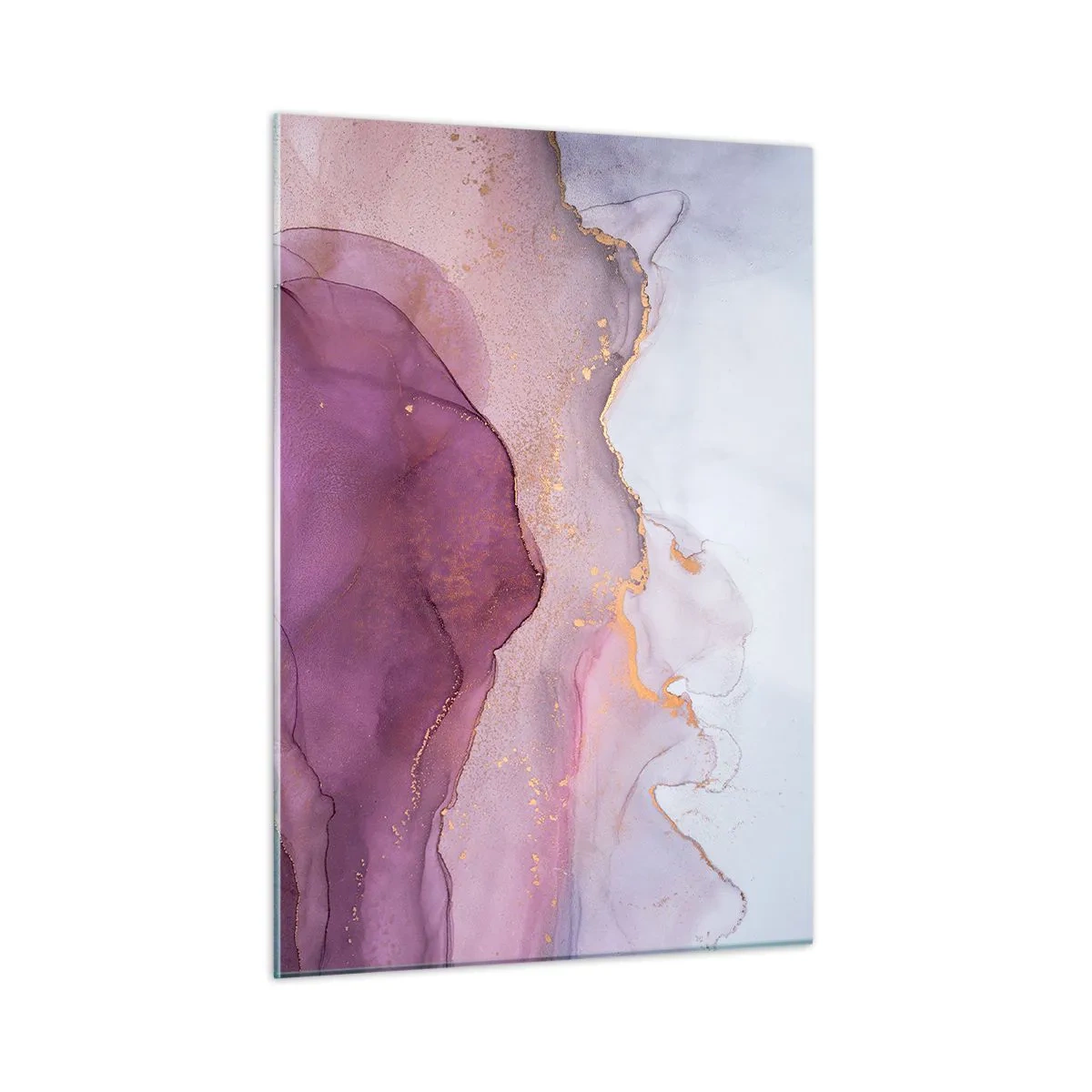 Cuadro sobre vidrio - Impresiones sobre Vidrio - Ondas abstractas en tonos morados con acentos dorados. - 50x70cm - Olas de lila y púrpura - Decoración de pared moderna para salón y dormitorio ARTTOR