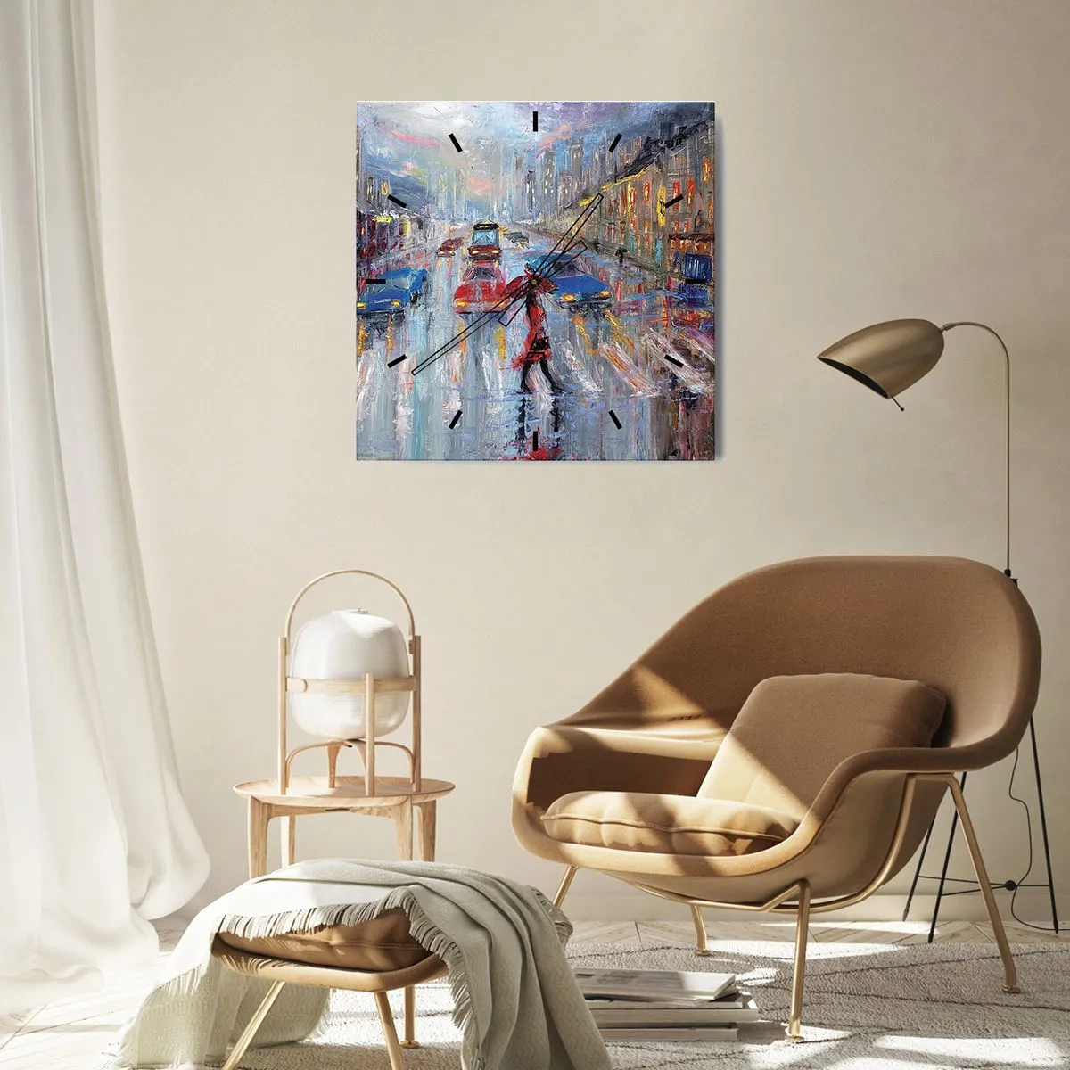 Reloj de pared - Reloj de vidrio - Una tarde de lluvia en la ciudad - 40x40 cm