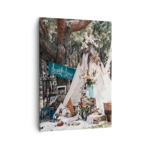 Cuadro sobre lienzo - Impresión de Imagen - Decoración boho con un tipi en el bosque - 50x70cm - Amor exótico - Decoración de pared moderna para salón y dormitorio ARTTOR