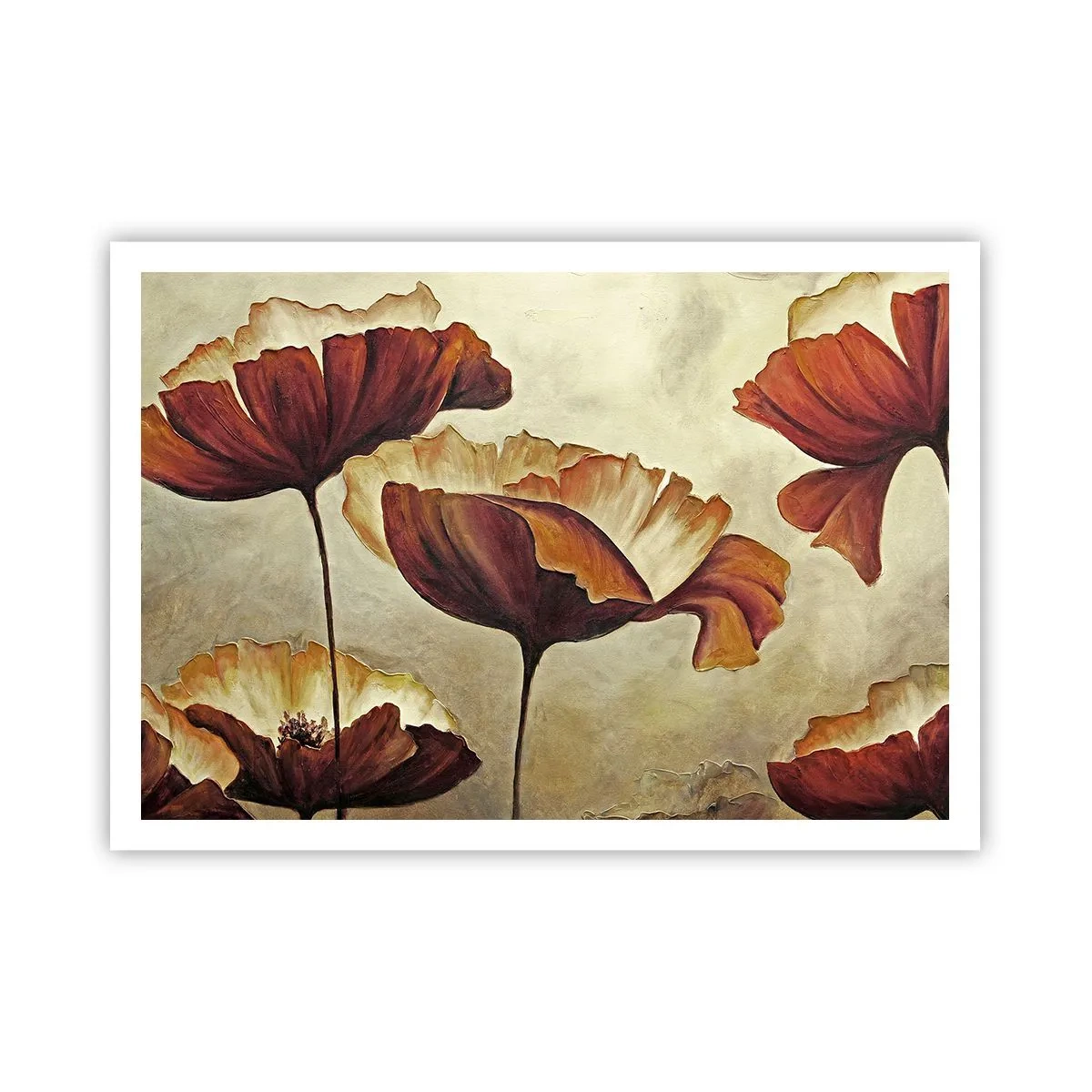Póster - Flores sutiles en tonos rojos y dorados sobre un fondo claro. - 100x70cm - Prado de prados - Decoración de pared moderna para salón y dormitorio ARTTOR