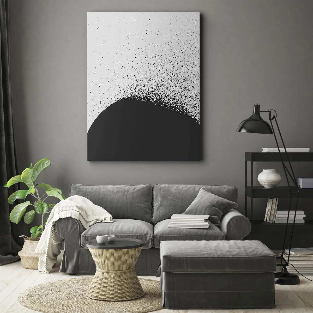 Cuadro sobre lienzo - Impresión de Imagen - Patrón abstracto con partículas negras sobre un fondo claro - 50x70cm - El movimiento de las partículas - Decoración de pared moderna para salón y dormitorio ARTTOR