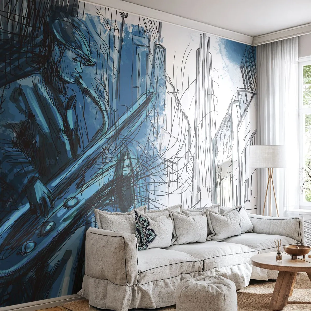 Fotomural Premium Canvas - Una figura tocando el saxofón con una ciudad como telón de fondo. - 100x70cm - Rapsodia urbana - Decoración de pared moderna para salón y dormitorio ARTTOR