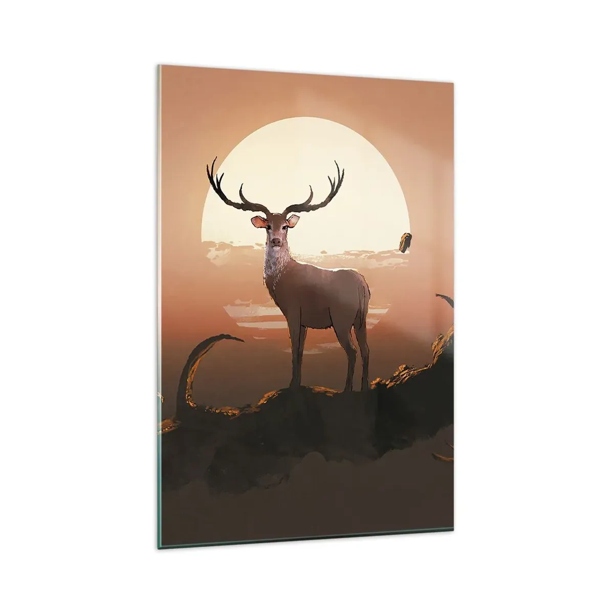 Cuadro sobre vidrio - Impresiones sobre Vidrio - Un ciervo con el sol poniente como telón de fondo y un paisaje surrealista. - 80x120cm - Esta noche es diferente a cualquier otra - Decoración de pared moderna para salón y dormitorio ARTTOR