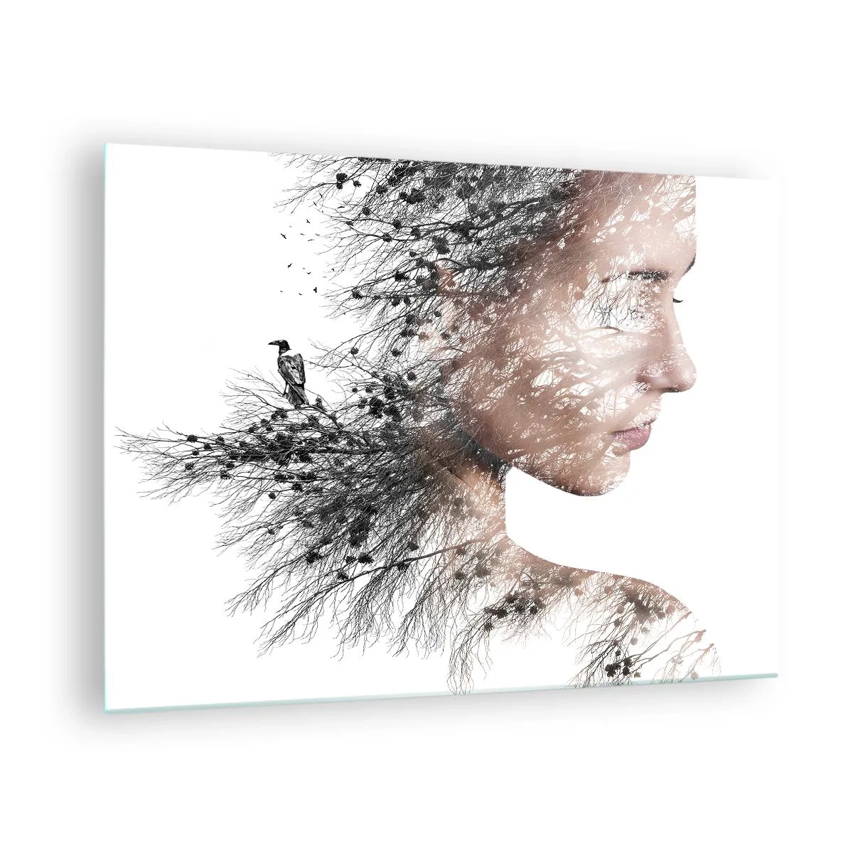 Cuadro sobre vidrio - Impresiones sobre Vidrio - Retrato de una mujer con ramas al fondo - 70x50cm - Espíritu del bosque - Decoración de pared moderna para salón y dormitorio ARTTOR