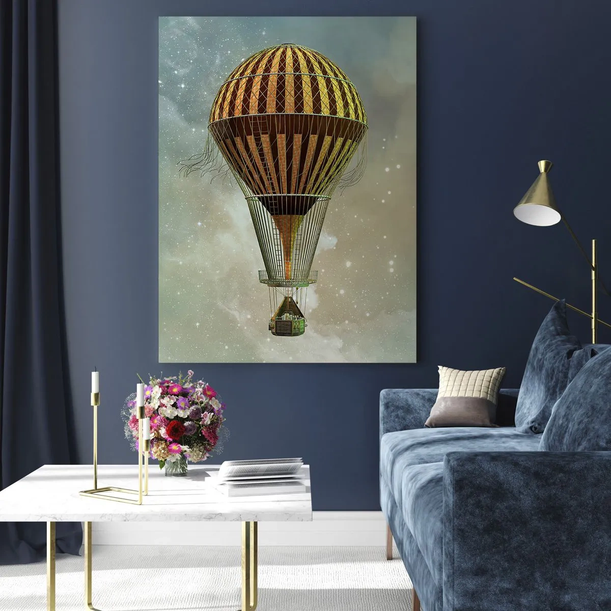 Cuadro sobre vidrio - Impresiones sobre Vidrio - Un globo aerostático flotando entre las nubes. - 80x120cm - Vuelos pioneros - Decoración de pared moderna para salón y dormitorio ARTTOR
